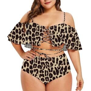 Women's Plus Size 2-Piece Animal Print High Waist Leopard Bikini Swimsuit, XL